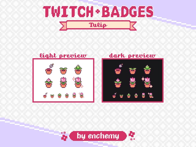 Op de afbeelding: Een set Twitch-chatbadges met een pixel art-tulpen in verschillende stadia van groei. De badges worden weergegeven op een lichte en donkere achtergrond. De tekst "Twitch + Badges" en "Tulip" wordt bovenaan de afbeelding weergegeven. De tekst "by enchemy" wordt onderaan de afbeelding weergegeven.
