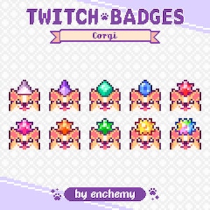 May include: Pixel art Twitch badges featuring Corgi dogs with various gem-topped hats. The badges are in shades of orange, pink, and white, with gems in purple, green, blue, and red. Text at the top reads "Twitch Badges" and "Corgi".