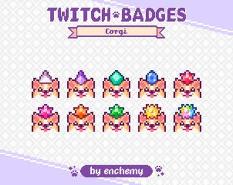 Op de afbeelding: Pixel art Twitch badges met Corgi honden met hoeden met edelstenen. De badges zijn in tinten van oranje, roze en wit, met edelstenen in paars, groen, blauw en rood. De tekst luidt "Twitch Badges" en "Corgi".