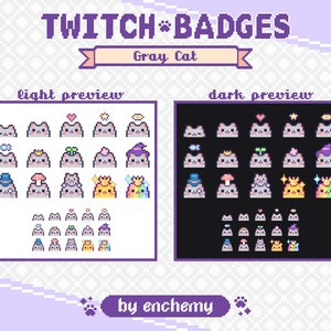 Pu&ograve; includere: Un set di 24 badge di chat Twitch che mostrano un gatto grigio con diversi accessori. I badge sono visualizzati in un'anteprima chiara e scura. Il testo "Twitch Badges" e "Gray Cat" &egrave; visualizzato nella parte superiore dell'immagine. Il testo "by enchemy" &egrave; visualizzato nella parte inferiore dell'immagine.