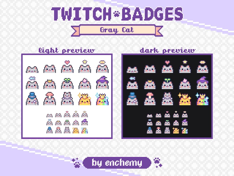 Pu&ograve; includere: Un set di 24 badge di chat Twitch che mostrano un gatto grigio con diversi accessori. I badge sono visualizzati in un'anteprima chiara e scura. Il testo "Twitch Badges" e "Gray Cat" &egrave; visualizzato nella parte superiore dell'immagine. Il testo "by enchemy" &egrave; visualizzato nella parte inferiore dell'immagine.