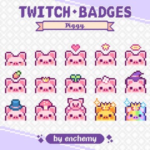 Puede incluir: Un conjunto de 12 insignias de Twitch que presentan un cerdo rosa con diferentes accesorios, que incluyen una corona, un sombrero, una flor, un corazón, una estrella y un halo. Las insignias están diseñadas en un estilo pixelado y son perfectas para usar en Twitch.