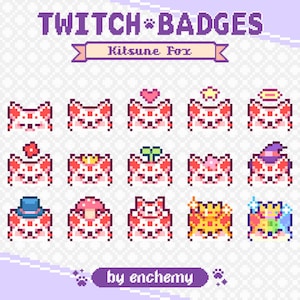 以下が含まれることがあります： キツネのフォックスデザインのピクセルアートTwitchバッジ。バッジには、ハート、ハロー、帽子などのさまざまなアクセサリーが含まれています。「TWITCH BADGES」と「Kitsune Fox」のテキストが上部に表示され、「by enchemy」が下部に表示されています。