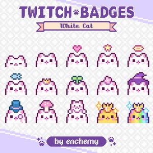 Puede incluir: Conjunto de insignias de Twitch en pixel art con diseños de gatos blancos con varios accesorios, como un corazón y una corona. El texto "TWITCH BADGES" y "White Cat" están presentes. El nombre del artista, "by enchemy", se muestra en la parte inferior.
