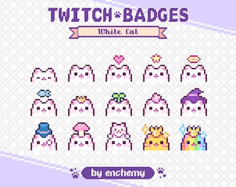 White Cat Face Sub Badges for Twitch, White Pixel Art Bit Badges, Cute Kitty Cat Heads, Kawaii Kitten, Feline Pet, Premade Streaming Assets