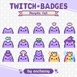 May include: A set of 16 Twitch badges featuring a purple cat with different accessories, such as a crown, a heart, a star, a flower, a hat, a mushroom, and a rainbow. The text "Purple Cat" is at the top of the image, and the text "by enchemy" is at the bottom.