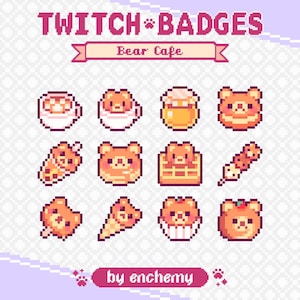 Bear Cafe Sub Badges for Twitch, Cute Brown Teddy Bear Desserts, Snacks, Sweets, Bear Bakery Pixel Art Bit Badges, Premade Streaming Assets