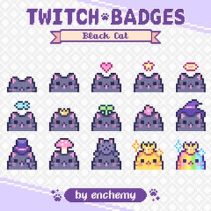Twitch 用の黒猫の顔のサブバッジ、ピクセルアートのビットバッジ、かわいい子猫の頭、かわいい子猫、猫のペット、既製のストリーミングアセット