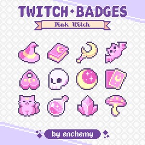 Könnte beinhalten: Ein Set mit 12 pinkfarbenen und gelben Twitch-Badges mit Hexen-Thema. Die Badges beinhalten einen Hexenhut, ein Buch, einen Zauberstab, eine Fledermaus, ein Herz, einen Schädel, einen Halbmond, eine Tarotkarte, eine Katze, eine Zaubertrankflasche, einen Kristall und einen Pilz.