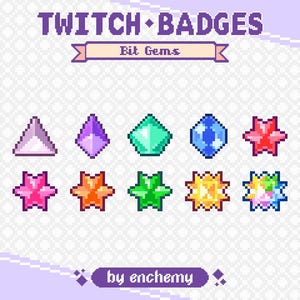 Op de afbeelding: Een verzameling pixelachtige Twitch-badges in verschillende edelsteen vormen en kleuren, waaronder paars, groen, blauw en rood. De tekst "TWITCH BADGES" en "Bit Gems" staat boven de badges.