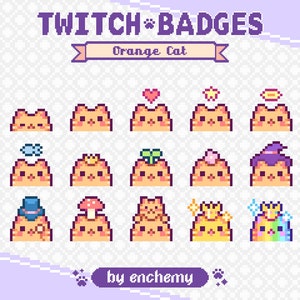 Peut inclure: Un ensemble de 12 badges Twitch représentant un chat orange avec différents accessoires, tels qu'une couronne, un cœur, une étoile, un halo, un chapeau de sorcière, un champignon, un poisson, une fleur, un chapeau et un arc-en-ciel. Les badges sont pixélisés et ont un style cartoon. Le texte "TWITCH BADGES" et "Orange Cat" sont en haut de l'image. Le texte "by enchemy" est en bas de l'image.