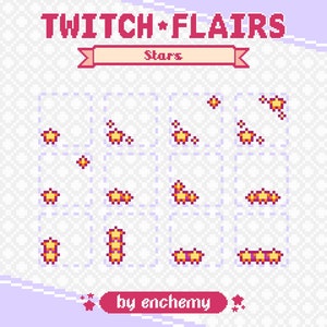 Pixel Star Badge Flairs for Twitch in Yellow, Green, Blue, Purple and Pink, Premade Pixel Art for Your Streaming Channel