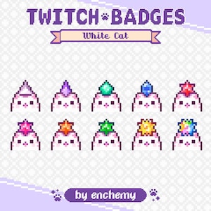 Puede incluir: Conjunto de insignias de Twitch en pixel art con diseños de gatos blancos con sombreros con gemas. El texto "TWITCH BADGES" y "White Cat" se muestran en la parte superior. El nombre del artista, "by enchemy", está en la parte inferior.