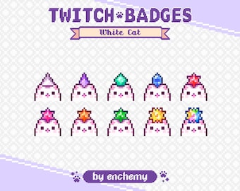 White Cat Faces with Gems Pixel Art Sub/Bit Badges for Twitch (Digital Download)