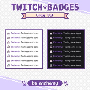 Pu&ograve; includere: Un'illustrazione digitale di badge Twitch con un gatto grigio con diverse varianti dell'espressione del gatto. Il testo "TWITCH BADGES" &egrave; in alto nell'immagine e il testo "Gray Cat" &egrave; sotto. Il testo "by enchemy" &egrave; in basso nell'immagine.