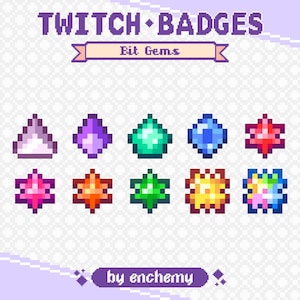Pode incluir: Um conjunto de dez emblemas digitais em pixel art intitulados Twitch Badges Bit Gems by enchemy. A coleção apresenta várias formas de pedras preciosas coloridas, incluindo triângulos, diamantes e cristais em forma de estrela em tons de roxo, azul-petróleo, azul, vermelho, rosa, laranja, verde e amarelo, dispostos em duas fileiras.