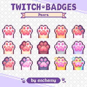 Peut inclure: Un ensemble de 12 badges Twitch représentant des empreintes de pattes en pixel art dans différentes couleurs, notamment rose, bleu, jaune et violet. Les badges sont intitulés "Twitch Badges" et "Paws" et sont conçus par "enchemy".