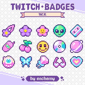 Op de afbeelding: Pixel art Twitch-badges in Y2K-stijl. De badges bevatten verschillende ontwerpen zoals bloemen, een alien, een cassettebandje, kersen, een smiley, een cd, een planeet, een vlinder, een ring, een bril en een hart.