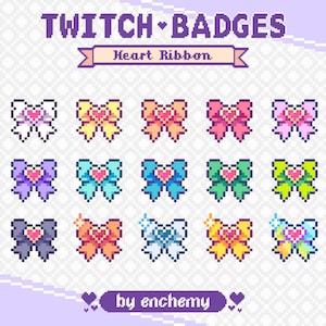 Op de afbeelding: Een set van 12 Twitch-badges met pixel art-bogen met harten in verschillende kleuren, waaronder paars, blauw, groen, geel, oranje, roze en wit. De tekst "Heart Ribbon" en "by enchemy" is ook in de afbeelding opgenomen.
