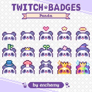 Puede incluir: Un conjunto de 12 insignias de Twitch que presentan un lindo panda con diferentes accesorios, que incluyen una corona, un sombrero, una flor, un corazón, una estrella y un halo. Las insignias están diseñadas en un estilo pixelado y son perfectas para usar en Twitch.