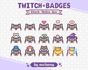 Black Shiba Inu Dog Faces Pixel Art Sub/Bit Badges for Twitch (Digital Download)