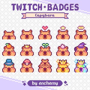 Peut inclure: Ensemble de badges Twitch en pixel art représentant des capybaras avec divers accessoires, tels qu'un cœur, un halo, une couronne et un chapeau. Le texte "TWITCH BADGES" et "Capybara" sont affichés en haut, avec "by enchemy" en bas.