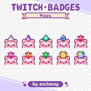 Może przedstawiać: Pixel art odznaki Twitch z różowymi twarzami świń z różnymi koronami z klejnotami. Tekst "TWITCH BADGES" i "Piggy" są wyświetlane u góry, z "by enchemy" na dole. Odznaki są zaprojektowane w stylu kreskówkowym.