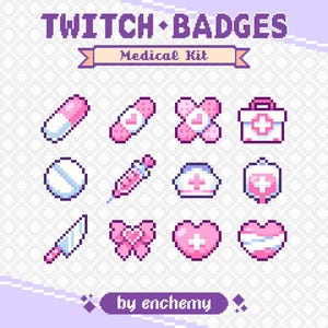 Puede incluir: Un conjunto de 12 insignias de Twitch de arte de píxeles rosa y blanco que representan suministros médicos, que incluyen una píldora, vendas, un botiquín de primeros auxilios, una jeringa, un gorro de enfermera, una bolsa de sangre, un bisturí, un lazo, un corazón y un corazón vendado. El texto "TWITCH BADGES Medical Kit by enchemy" está en la parte superior de la imagen.