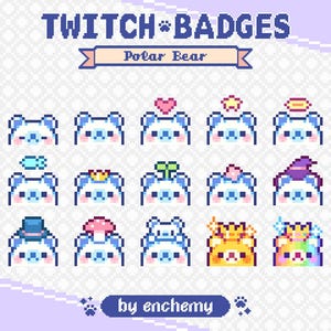 Könnte beinhalten: Eine Sammlung von Twitch-Badges im Pixel-Art-Stil mit Eisbären. Jeder Bär trägt ein einzigartiges Accessoire, wie ein Herz oder einen Heiligenschein. Der Text "TWITCH BADGES" und "Polar Bear" sind oben zu sehen.