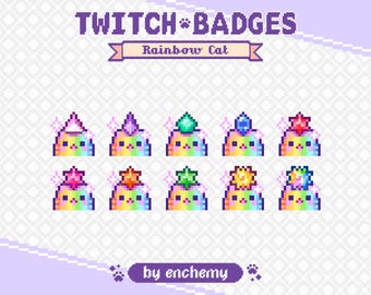 Rainbow Cat Faces with Gems Pixel Art Bit Badges for Twitch (Digital Download)