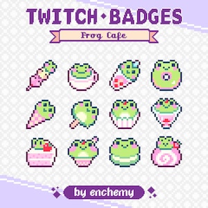 May include: A collection of pixel art Twitch badges with a frog cafe theme. The badges include various food items like ice cream, donuts, and cakes, each featuring a cute frog design. The text "TWITCH BADGES" and "Frog Cafe" are displayed at the top.