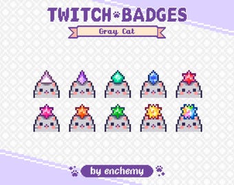 Può includere: Badge Twitch in pixel art con gatti grigi con cappelli con gemme di vari colori. Il testo "TWITCH BADGES" e "Gray Cat" sono visualizzati sopra i badge. È incluso anche il nome dell'artista, "by enchemy".