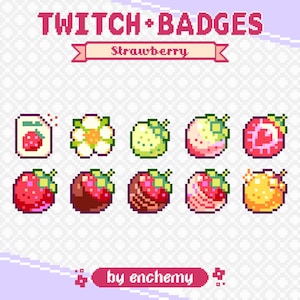 Cute Strawberry Pixel Sub Badges for Twitch, Fruit Berry Food Pixel Bit Badges, Premade Pixel Art for Your Streaming Channel
