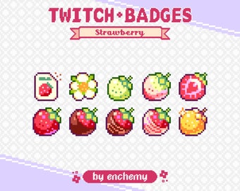 Cute Strawberry Pixel Sub Badges for Twitch, Fruit Berry Food Pixel Bit Badges, Premade Pixel Art for Your Streaming Channel
