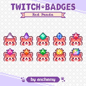 May include: A collection of pixel art Twitch badges featuring red pandas with various gem-like headpieces. The text "TWITCH BADGES" and "Red Panda" are displayed at the top. The artist's name, "by enchemy", is at the bottom.