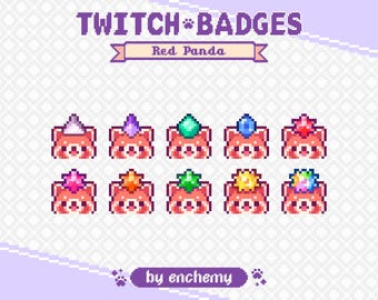 Red Panda Faces with Gems Pixel Art Sub/Bit Badges for Twitch (Digital Download)