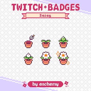 Puede incluir: Un conjunto de cinco insignias de Twitch que muestran una margarita en diferentes etapas de crecimiento. Las insignias están en estilo pixel art y están etiquetadas como "Daisy".