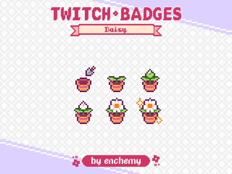 K&ouml;nnte beinhalten: Ein Satz von f&uuml;nf Twitch-Badges mit einer G&auml;nsebl&uuml;mchenpflanze in verschiedenen Wachstumsstadien. Die Badges sind im Pixel-Art-Stil gehalten und mit "Daisy" beschriftet.