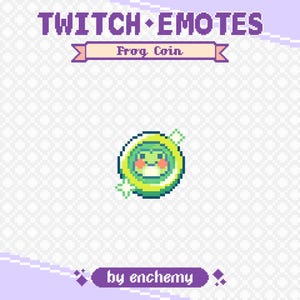 Könnte beinhalten: Ein grüner Frosch mit einem gelben Kreis drumherum, mit dem Text "Frog Coin" darüber und "by enchemy" darunter. Das Bild ist pixelig und hat einen weißen Hintergrund.
