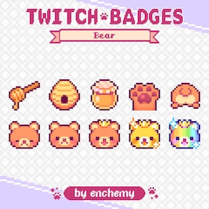 Puede incluir: Un conjunto de ocho insignias de Twitch de arte de píxeles con un tema de oso. Las insignias incluyen un cucharón de miel, una colmena, un tarro de miel, una huella de pata de oso, un trasero de oso, una cara de oso marrón, una cara de oso marrón con una corona, una cara de oso amarilla con una corona y una cara de oso arcoíris con una corona. El texto "TWITCH BADGES" y "Bear" están en la parte superior de la imagen. El texto "by enchemy" está en la parte inferior de la imagen.