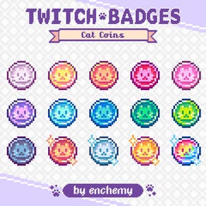 Pode incluir: Um conjunto de emblemas Twitch pixelizados com designs de gatos em várias cores, incluindo rosa, azul e amarelo. O texto "TWITCH BADGES" e "Cat Coins" é exibido acima dos emblemas.