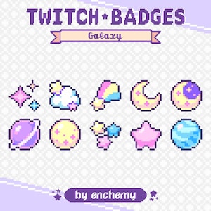Puede incluir: Insignias de Twitch en pixel art con temática de galaxia. Las insignias incluyen estrellas, nubes, lunas, planetas y otros elementos celestes en colores pastel. El texto "TWITCH * BADGES" y "Galaxy" están en la parte superior, y "by enchemy" en la inferior.