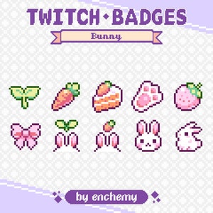 May include: A set of 9 pixel art Twitch badges featuring a bunny theme. The badges include a carrot, a cake, a paw print, a strawberry, a bow, a bunny, and a bunny with a carrot. The badges are in pink, white, and green.