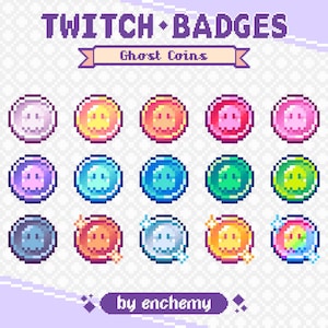 Könnte beinhalten: Eine Sammlung pixeliger Twitch-Abzeichen mit Geistermünzen-Designs in verschiedenen Farben, darunter Rosa, Blau und Grün. Der Text "TWITCH BADGES" und "Ghost Coins" wird über den Abzeichen angezeigt. Der Künstlername "by enchemy" steht unten.