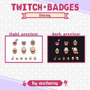 K&ouml;nnte beinhalten: Ein Satz Twitch-Chat-Badges mit einer Pixel-Art-G&auml;nsebl&uuml;mchen in verschiedenen Wachstumsstadien, von einem Spross bis zu einer voll erbl&uuml;hten Blume. Die Badges sind in einem hellen und dunklen Farbschema gestaltet, mit dem Text "Daisy" und "by enchemy" unter den Badges.