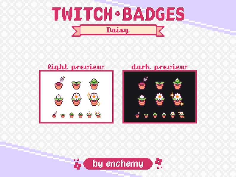 K&ouml;nnte beinhalten: Ein Satz Twitch-Chat-Badges mit einer Pixel-Art-G&auml;nsebl&uuml;mchen in verschiedenen Wachstumsstadien, von einem Spross bis zu einer voll erbl&uuml;hten Blume. Die Badges sind in einem hellen und dunklen Farbschema gestaltet, mit dem Text "Daisy" und "by enchemy" unter den Badges.