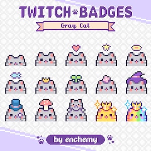 Gray Cat Face Sub Badges for Twitch, Pixel Art Bit Badges, Cute Kitty Cat Heads, Kawaii Kitten, Feline Pet, Premade Streaming Assets