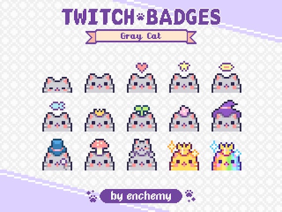 Gray Cat Faces with Hats Pixel Art Sub/Bit Badges for Twitch (Digital Download)