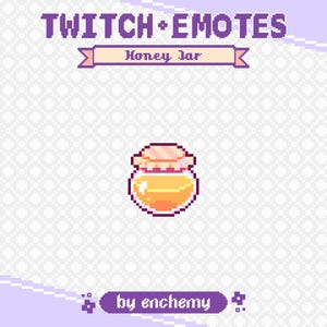 Könnte beinhalten: Pixelkunst-Grafik eines Honigglases mit hellorangefarbenem Körper und gestreiftem Deckel. Der Text "TWITCH + EMOTES" steht oben, mit "Honey Jar" in einem Banner. Der Text "by enchemy" steht unten.