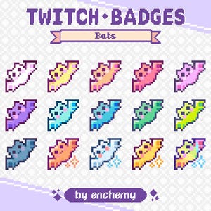 May include: A set of 12 Twitch chat badges featuring pixel art bats in various colors, including white, yellow, pink, purple, blue, green, gray, orange, and light blue. The badges are labeled "Bats" and are designed by "enchemy".